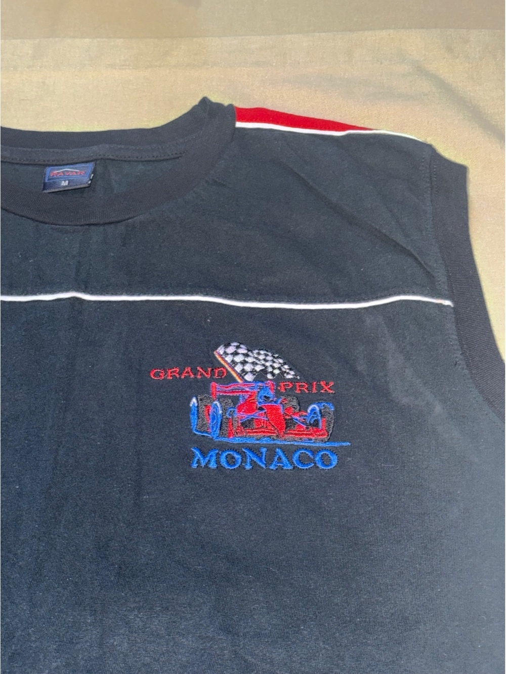 Vintage Monaco Grand Prix Embroidered Sleeveless Racing Shirt Black Medium - Picture 2 of 5